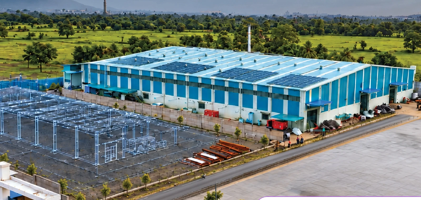 Industrial facility with rooftop solar panels